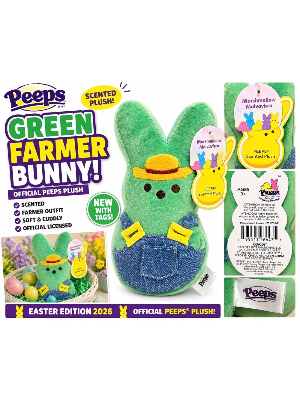 2026 PEEPS 6" Green Farmer EASTER Bunny Scented Plush NWT